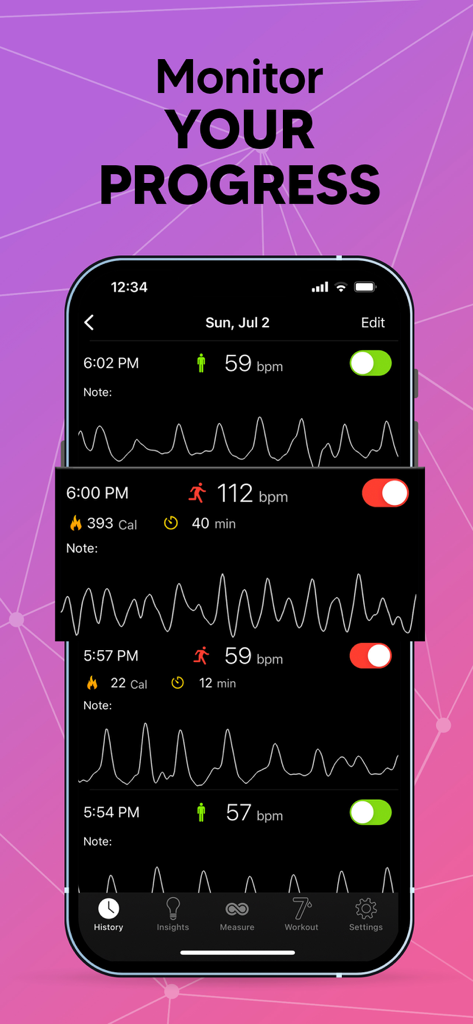 A smartphone screen showing the Cardiio app heart rate history log with multiple pulse wave readings and BPM measurements.