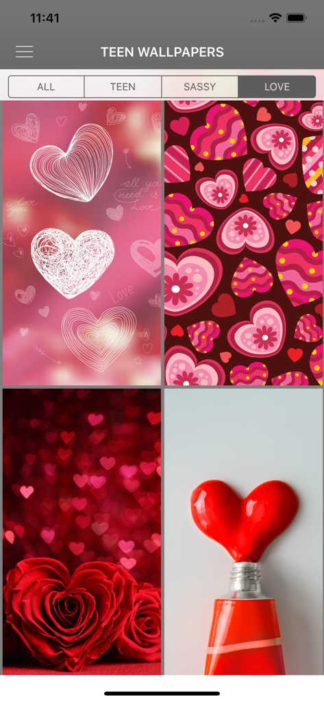 Pantalla de la aplicación Teen Wallpapers que muestra una colección de fondos temáticos estéticos de corazón y amor.