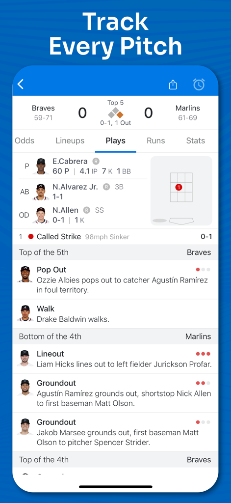 Superfan Sports App-Bildschirm zeigt Live-MLB-Pitch-Tracking und Play-by-Play-Spielprotokolle