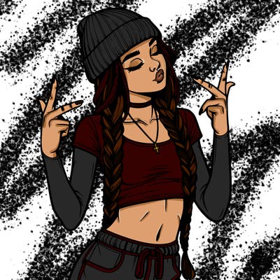 realistic teenage girl with braids and a beanie and crop top doing 🫶🏼