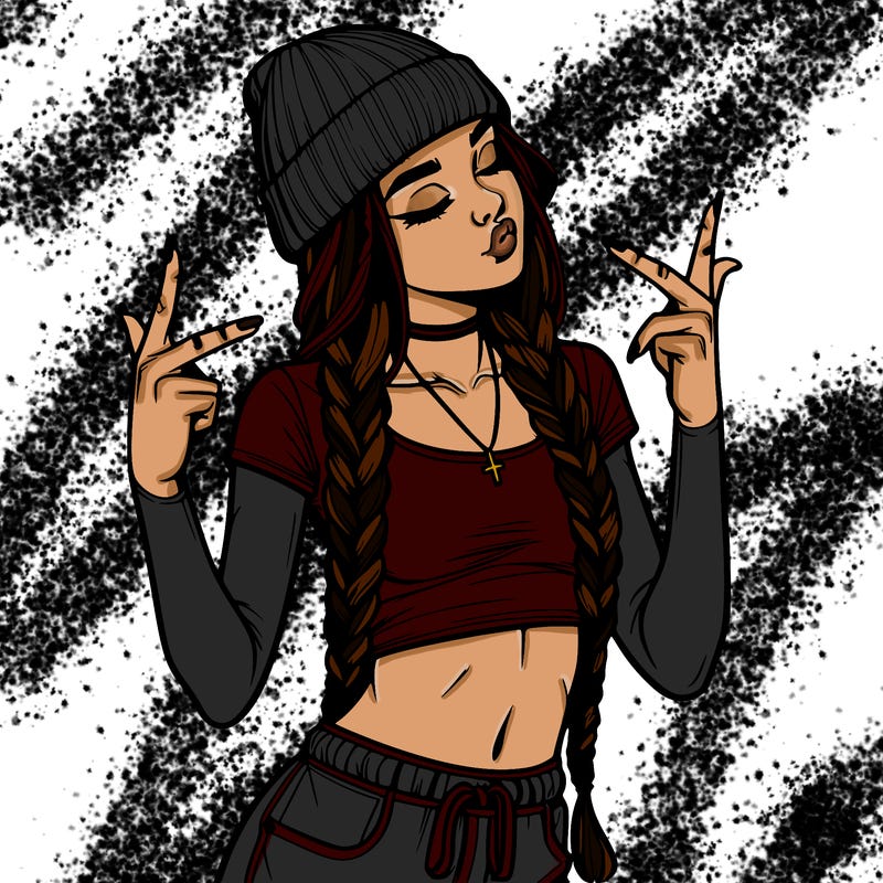 realistic teenage girl with braids and a beanie and crop top doing 🫶🏼