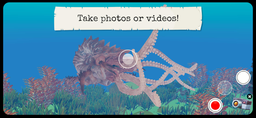 Myths & Legends (Full Version) - Criatura marinha mítica gigante debaixo d'água no modo de fotografia do aplicativo explorador Mitos e Lendas