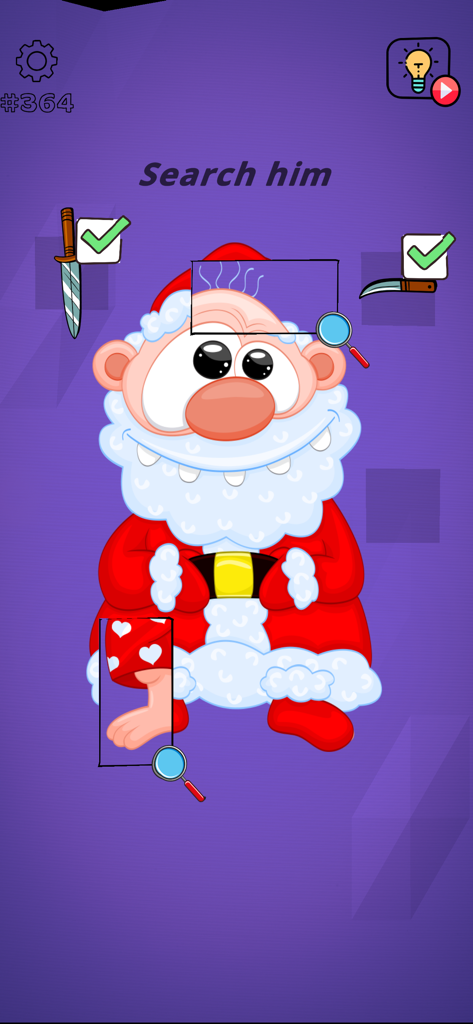 Brain Wash - Puzzle Mind Game - A gameplay screenshot from Brain Wash puzzle game showing a cartoon Santa character in a search level with magnifying glass tools