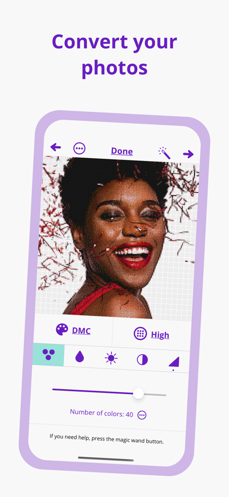 Dotterly: Diamond painting - Dotterly app screen showing how to convert a personal photo into a custom diamond painting pattern.