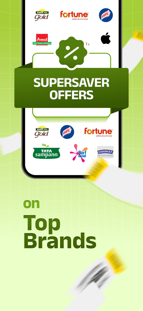 bigbasket: 10 min Grocery App - Bigbasket app interface displaying supersaver offers on top grocery brands