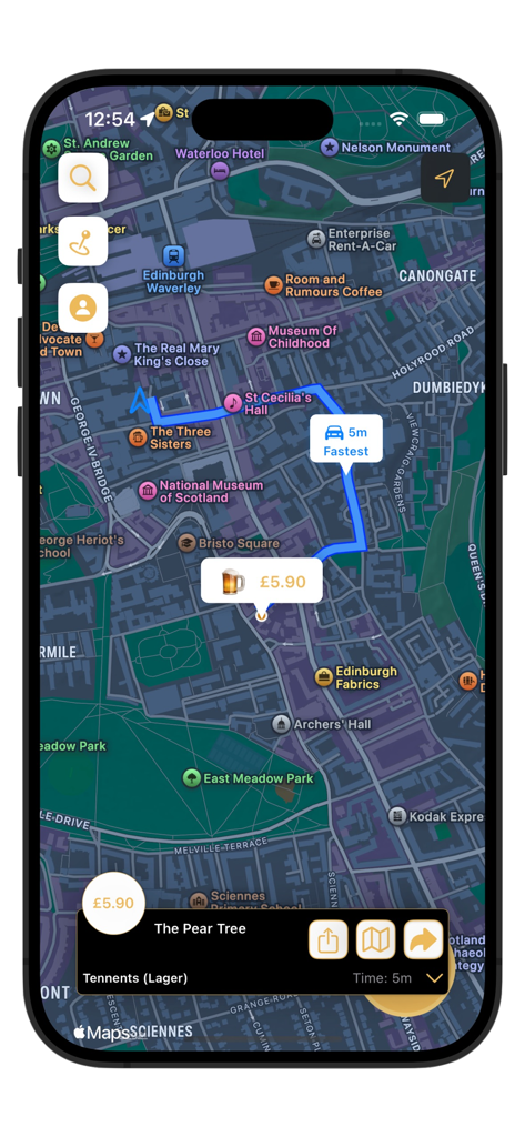 Tap Map App - Interface de carte de smartphone montrant un itinéraire vers un pub avec le prix d'une pinte de lager affiché.