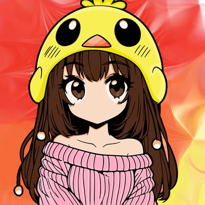 anime girl with chick shaped hat with sweater with bare shoulders with bangs covering them one eye with low tail