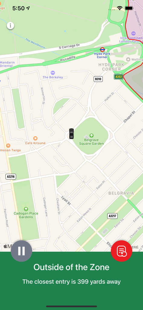 Congestion Zone App - Map view showing the vehicle is outside the London Congestion Charge Zone with a green status indicator