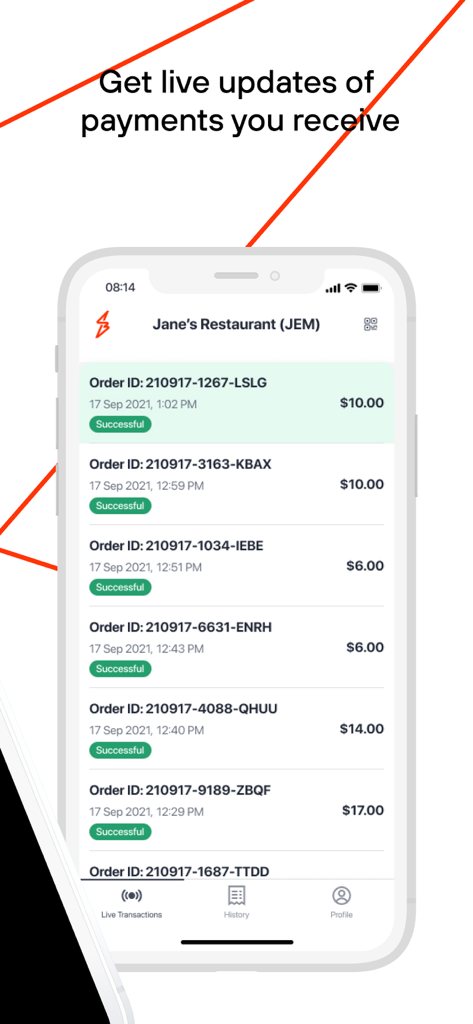 ShopBack for Business - Staff - ShopBack for Business Staff app interface displaying a list of live payment transactions with order IDs and amounts