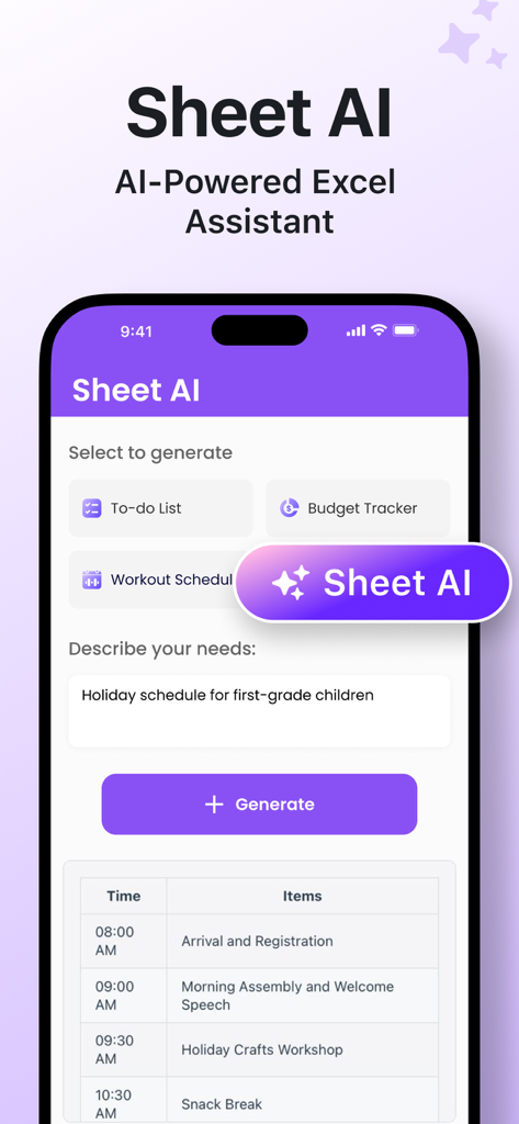 Word Editor・Docs・Sheets・Office - AI assistant interface for generating custom spreadsheets from text prompts