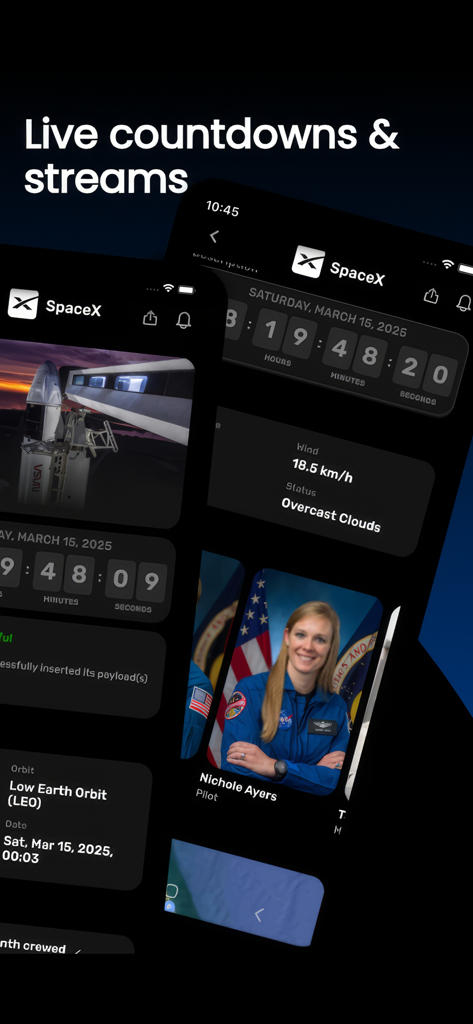 LaunchX: Rocket Launch Tracker - LaunchX app screens displaying live rocket launch countdowns and SpaceX mission details