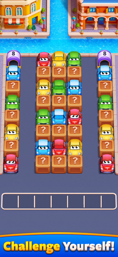 Car Match Traffic Puzzle gameplay level with colorful cars and mystery boxes on a city street background