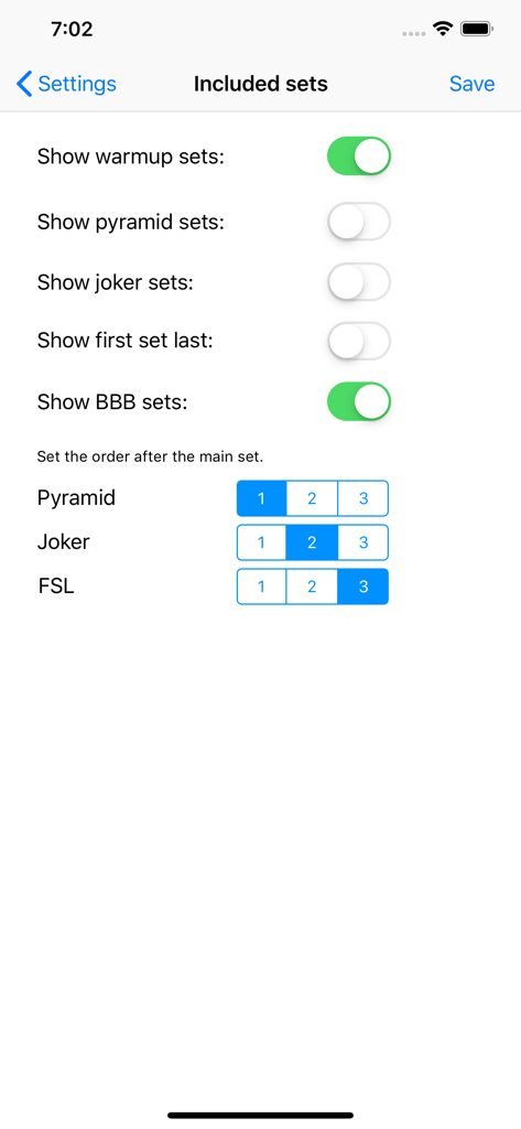 5/3/1 Workout logger - 531 - Einstellungsbildschirm zur Auswahl und Reihenfolge von Trainingssätzen wie Aufwärmen und BBB im 531 Workout Logger