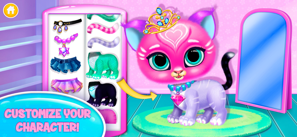 A screen from the Baby Tiger Care app showing character customization options for Lili the pink baby tiger including a crown and necklace