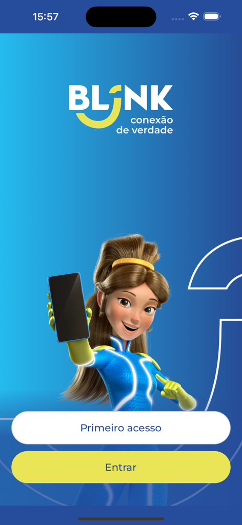 Minha Blink - Tela de boas-vindas do aplicativo Minha Blink com um mascote e botões de login.