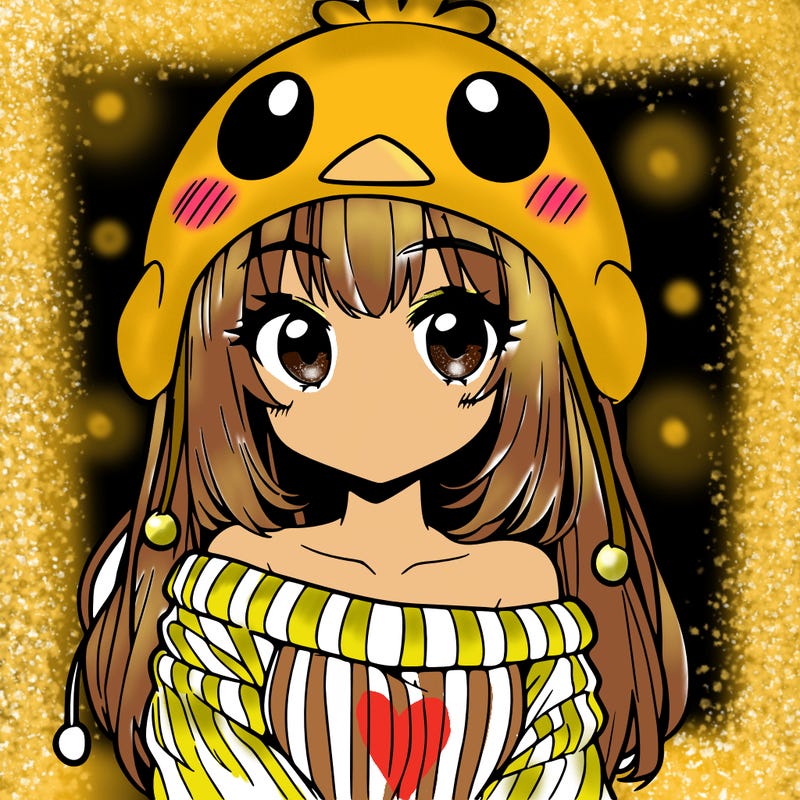 anime girl with chick shaped hat with sweater with bare shoulders with bangs covering them one eye with low tail