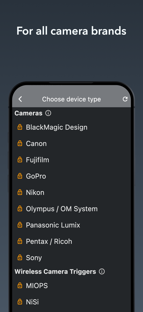 BT Cam: DSLR Mirrorless remote - Canon, Nikon, Sony 등을 포함한 원격 제어를 위한 지원 카메라 브랜드 목록을 표시하는 BT Cam 앱 인터페이스