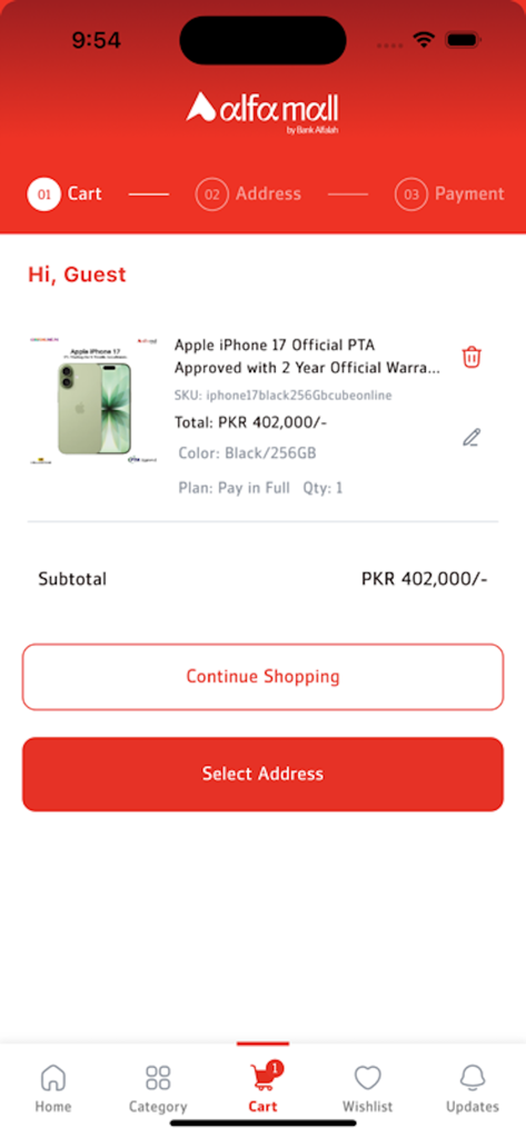 Shopping cart screen in the Alfamall app displaying an iPhone 17 and checkout options.