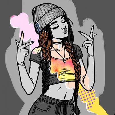 realistic teenage girl with braids and a beanie and crop top doing 🫶🏼