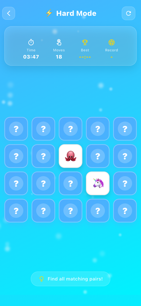 Say The Word On The Beat - Hard mode emoji memory puzzle game screen with octopus and unicorn cards