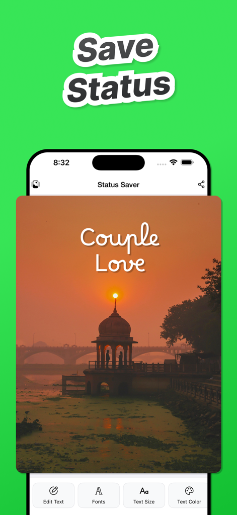 Save Status for WA +WASticker - A screenshot of the Save Status for WA app interface showing a romantic couple love quote template with text editing options.