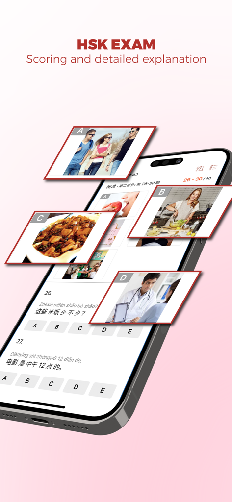 Todaii: Easy Chinese - Todaii app screen showing an HSK mock test interface with Chinese characters, pinyin, and image-based multiple-choice questions.
