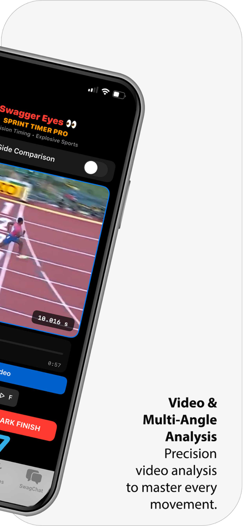 Swagger Eyes: SprintTimer - Interface of Swagger Eyes Sprint Timer showing precision video analysis of a track athlete