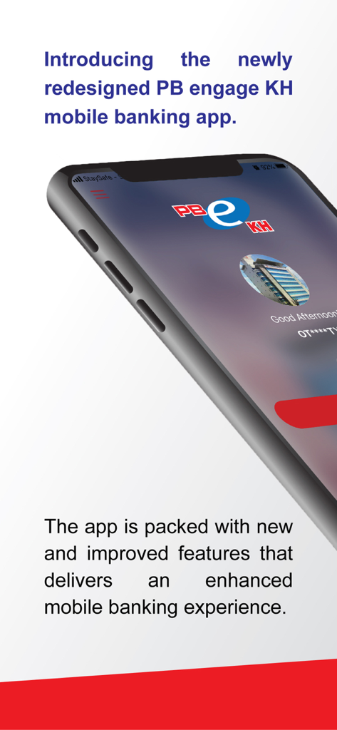 PB engage KH - Promotional screen for the redesigned PB engage KH mobile banking app on a smartphone