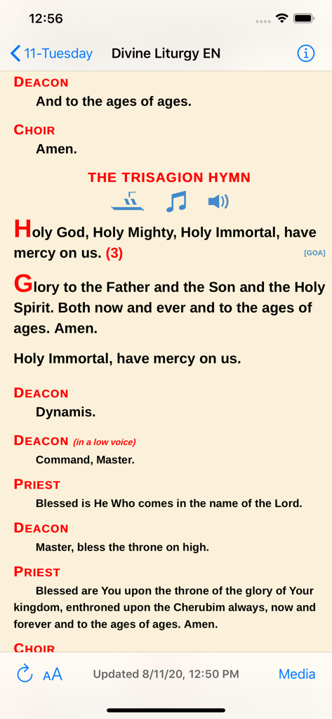 Digital Chant Stand - Digital Chant Stand app screen displaying English liturgical text for the Divine Liturgy and the Trisagion Hymn