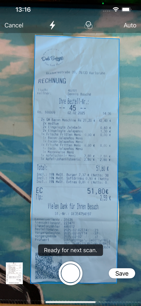 Scannit Network (Beta) - The Scannit app camera capturing a restaurant receipt to earn rewards