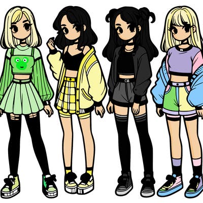 one girl with crop-top shirt and a jacket with a skirt, long socks and another girl with a shirt and pants with a jacket