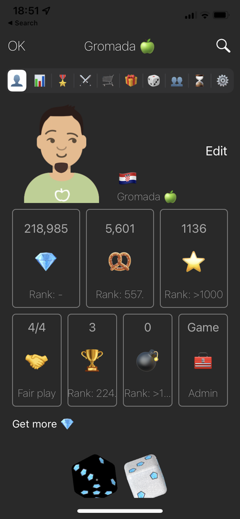 Yamb - Yamb app user profile dashboard showing player statistics rankings and achievements