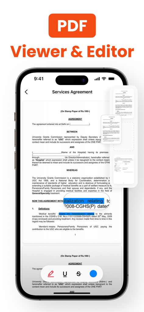 Lens: PDF Scanner & Editor - iPhone screen showing the Lens app interface for viewing and editing a PDF services agreement
