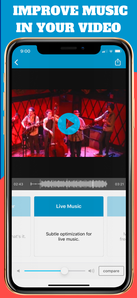 AudioFix: Video Volume Booster - Smartphone screen showing AudioFix app applying a live music filter to a video of a band performance