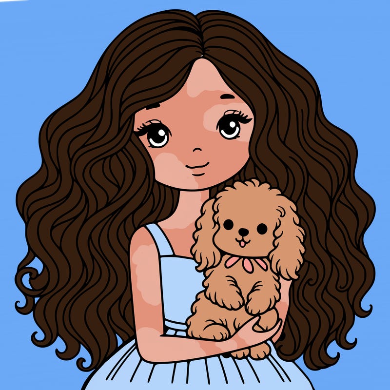 a beautiful girl with long curly hair holding a cute dog