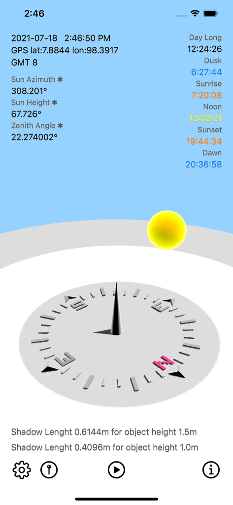 Interface of Sun Calculator app showing a 3D compass with sun position and real-time shadow length data.