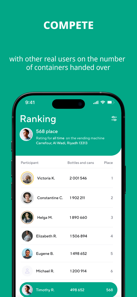 リサイクル容器のユーザーランキングを示すEcoRewards Saudiアプリのリーダーボード画面