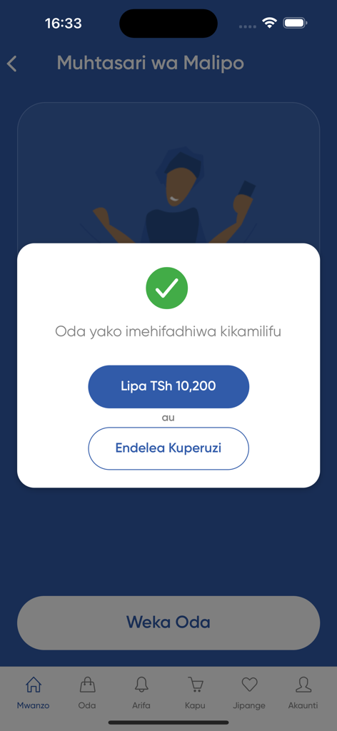 Success notification in Tunzaa app showing a saved order with buttons to pay or continue browsing