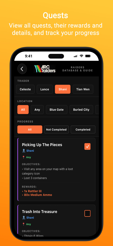 ARC Intel: A Raiders Database - Screenshot of the quests section in the ARC Intel app showing quest progress tracking objectives and rewards