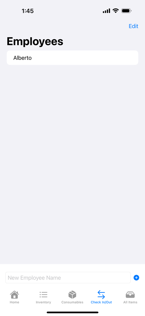 Smart Inventory Manager - Schermata di gestione dipendenti che mostra un elenco di lavoratori per il tracciamento della registrazione di entrata e uscita degli strumenti