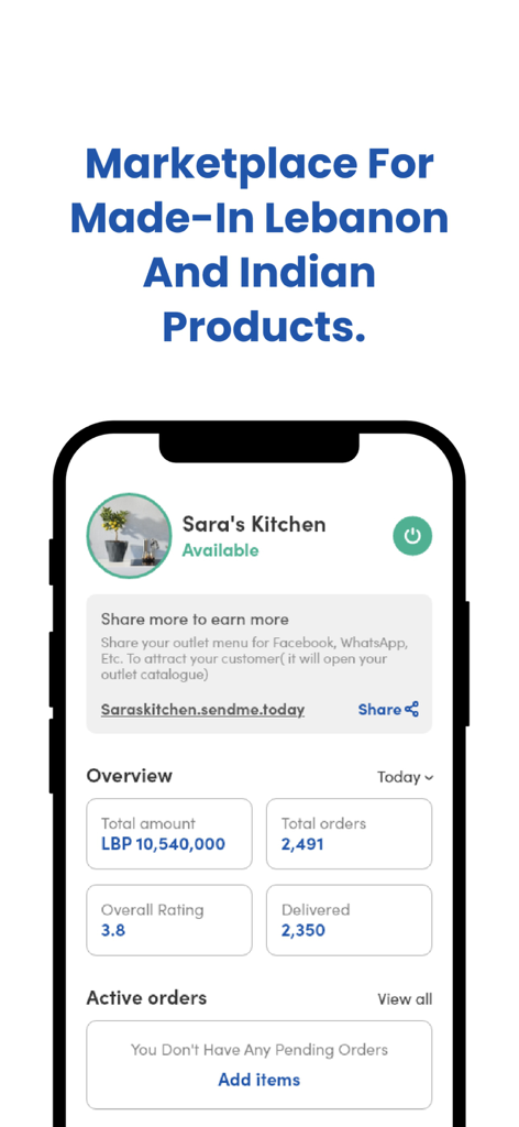 Merchant dashboard of the SendMe delivery app showing sales metrics and marketplace branding for Lebanese and Indian products