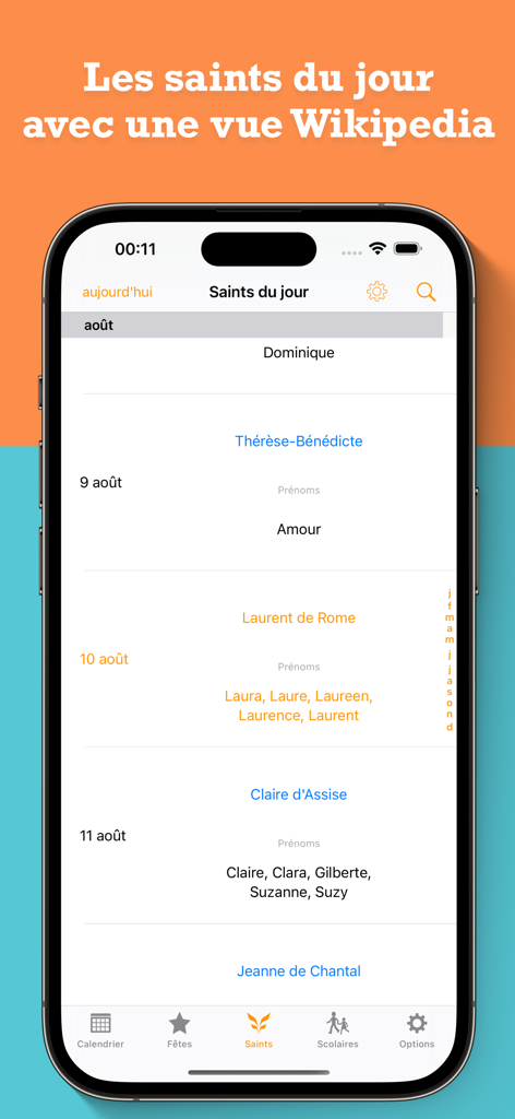 France Agenda - France Agenda app screen displaying the saints of the day and related names to celebrate