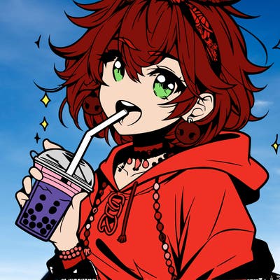 hot baddie anime girl drinking boba and biting the straw