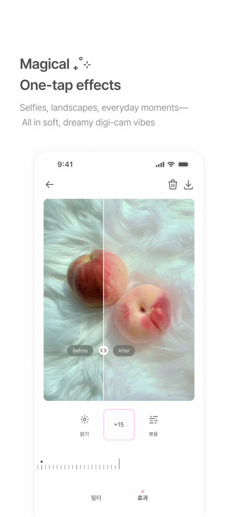 BerryFilm - Korean Style Cam - BerryFilm app interface showing a before and after comparison of a soft dreamy photo effect on a peach