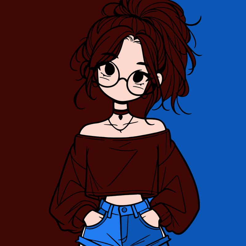 girl with a messy ponytail glasses a baggy crop top and jean shorts