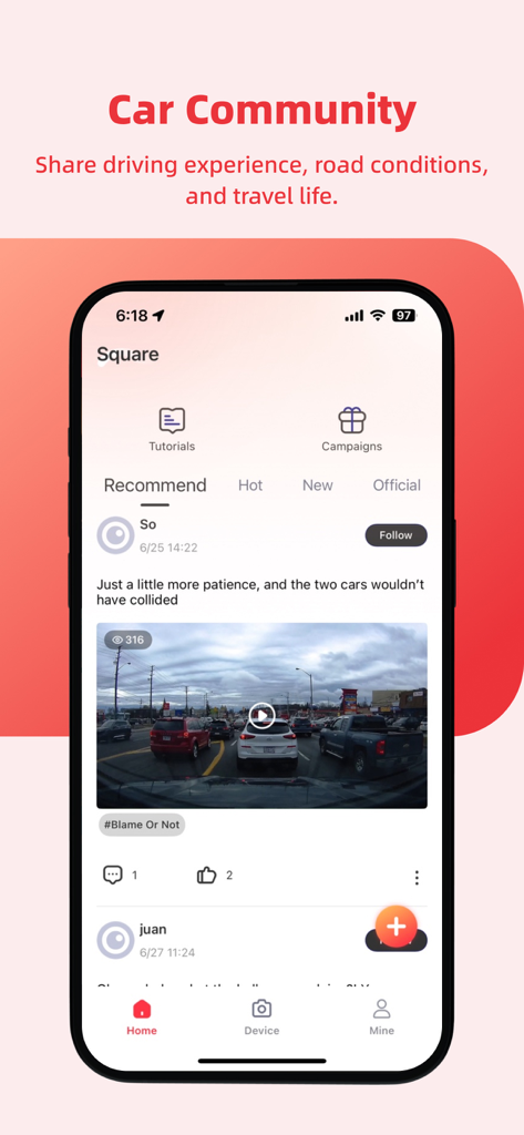 LINGDU - A smartphone display showing the LINGDU app Car Community social feed with a shared dashcam video of a traffic incident.
