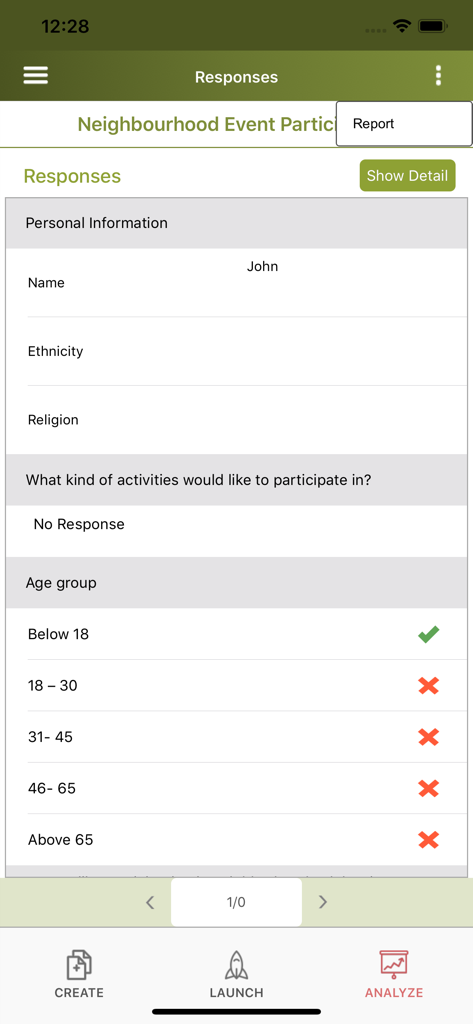 Survey Maker by SurveyCrest - A survey response screen showing a participant name and age group selection for a neighbourhood event.
