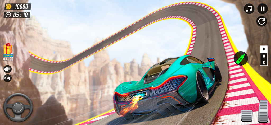 Car Stunt simulator Master 3D - A teal sports car driving on a winding mega ramp track high above a desert canyon