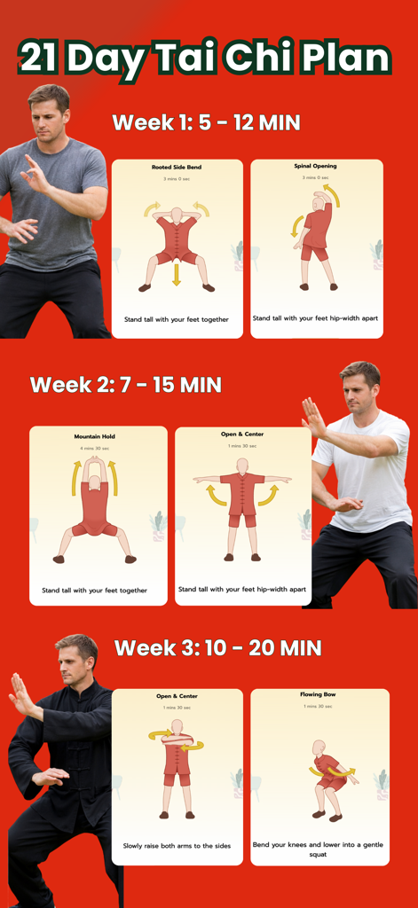 Tai Chi for Beginners Daily - Un plan de entrenamiento de Tai Chi de 21 días para principiantes que muestra la progresión semanal y las rutinas de ejercicios