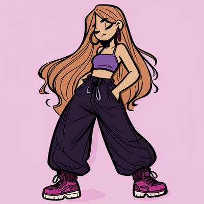 girl in baggy pants crop top and long hair